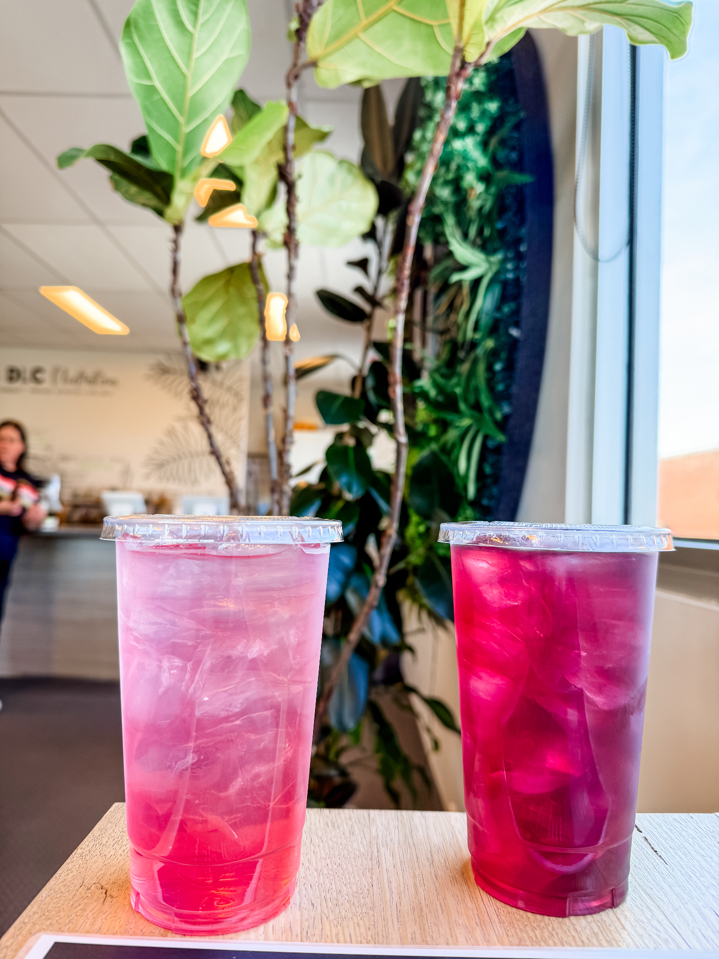 Two refreshing pink loaded teas on a wooden counter with fiddle leaf foliage